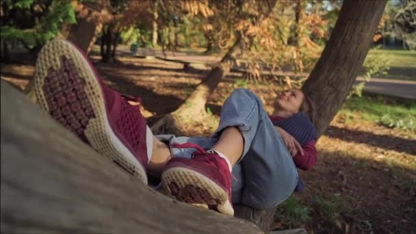 Girl in sneakers har vila på ett träd i parken under kvällssolen. Fokusera på gymnastikskor, är flickan suddig — Stockvideo