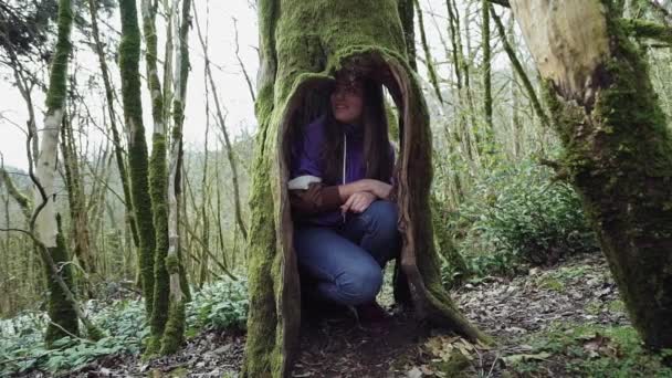 Chica divertida se esconde en un hueco del viejo árbol y lo considera con el interés — Vídeos de Stock
