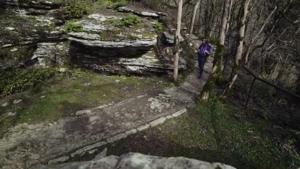 Mädchen sieht einen schönen Bergschnitt und macht das Foto am Telefon — Stockvideo