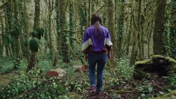 Caminhando na floresta, uma menina encontrou o toco, foi até ele e sentou-se para ter um descanso . — Vídeo de Stock