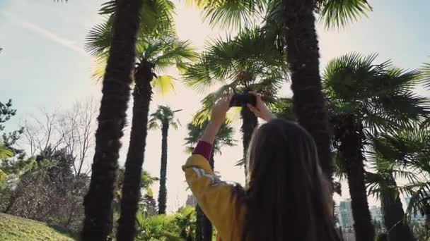 Chica en una chaqueta amarilla toma fotos de palmeras en el teléfono a la luz del sol — Vídeos de Stock