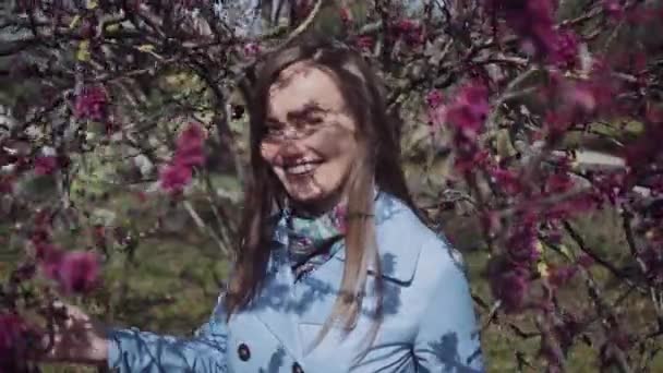 Hermosa muchacha en un abrigo azul se encuentra en florecientes ramas carmesí de un arbusto y sonriente — Vídeos de Stock