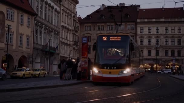 Modern tram no. 12 rides along street of old Czech city of Prague in evening — Stock Video