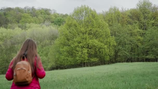 Girl in red jacket and jeans with backpack comes to a huge perennial oak. Wooden stair is stands near the tree. General plan, back view — Stockvideo