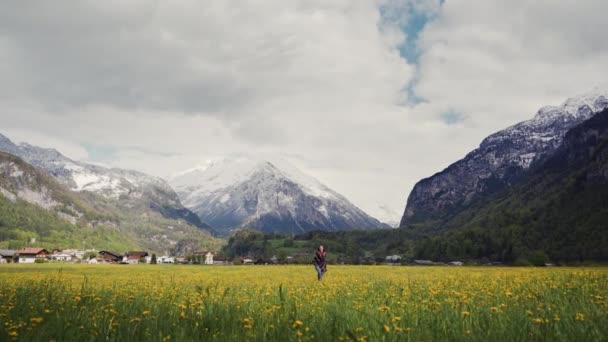 Happy woman in patterned coat walking on dandelions field in picturesque mountain valley. Romantic and dreamy mood — Stock Video