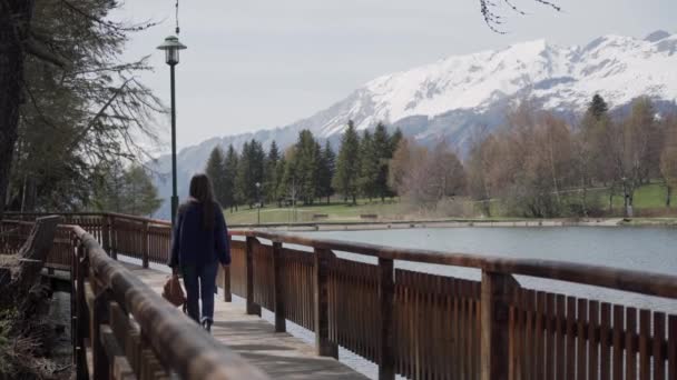 Μπρουνέτ μακρυμάνικο κορίτσι με σακίδιο που περπατάει στην ξύλινη προβλήτα πάνω στο φόντο της λίμνης του βουνού. Πίσω όψη — Αρχείο Βίντεο
