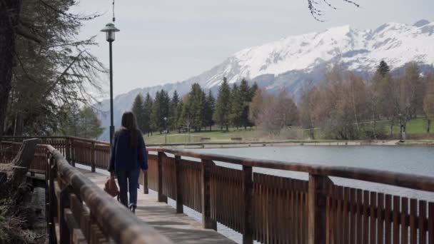 Bruna ragazza dai capelli lunghi con zaino che cammina sul molo di legno sullo sfondo del lago di montagna. Vista posteriore — Video Stock