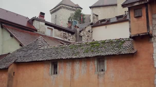 Techo antiguo con musgo sobre azulejos, chimeneas y pequeñas ventanas — Vídeos de Stock