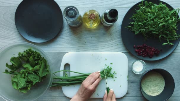 Fatiando Verduras Salada Salada Vegetariana Cebola Arugula Espinafre Oxicoco Salsa — Vídeo de Stock