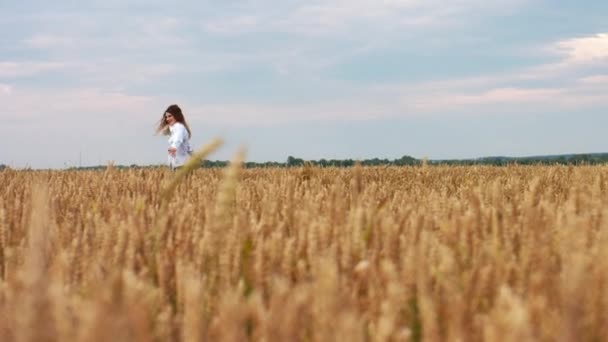 Een Jong Meisje Dat Door Een Graanveld Loopt Prachtige Zorgeloze — Stockvideo