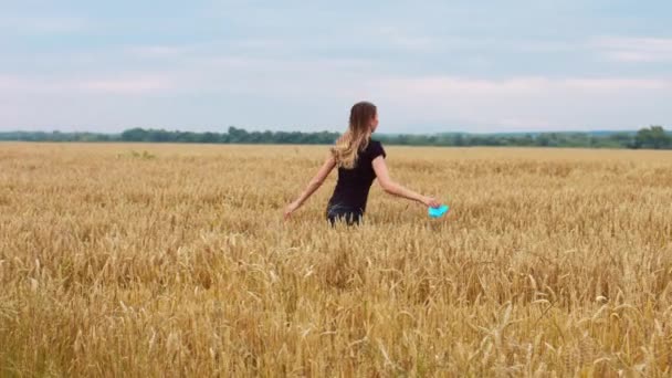 Mooie Vrouw Rent Het Veld Gooit Een Masker End Van — Stockvideo