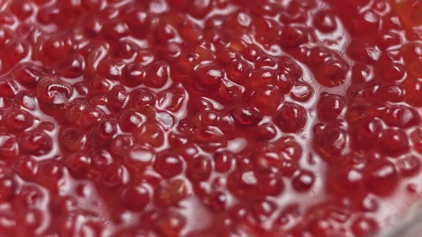 Roter Kaviar rotierte über schwarzem Hintergrund. Rotation des Lachskaviars in Großaufnahme. Feinkost. Textur von Kaviar. Meeresfrüchte. 4K-UHD-Video — Stockfoto