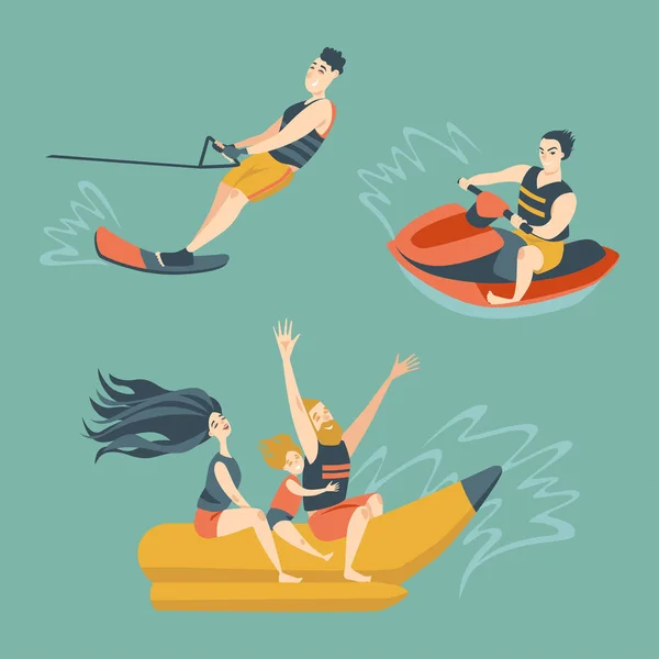 Set Summer Water Activities Banana Boat Water Bike Water Ski — Stock Vector
