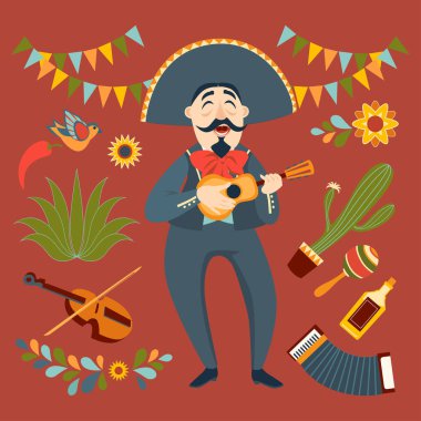Mariachi gitar çalıyor. Meksika partisi. Vektör çizimler kümesi. Geleneksel müzik aletleri, dekorasyon için Meksika öğeleri