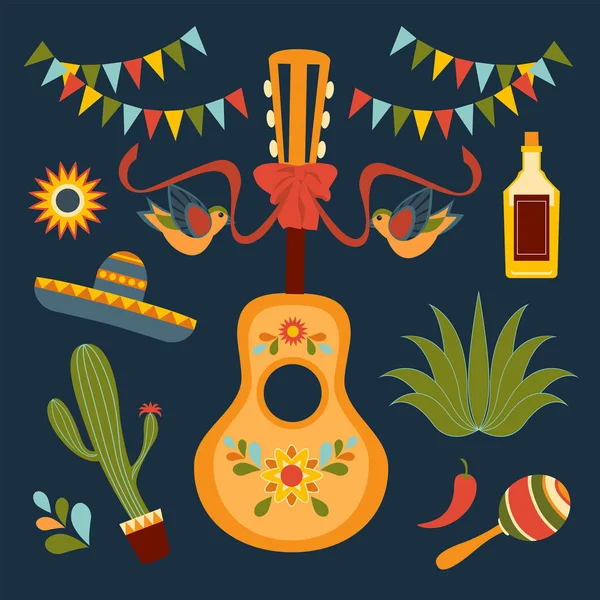 Meksykańska Partia Zestaw Ilustracji Wektorowych Tradycyjne Instrumenty Muzyczne Meksykański Elementy — Wektor stockowy