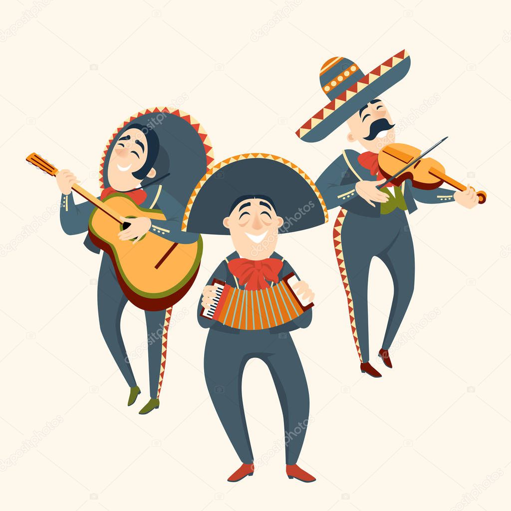 Mariachi band plays plays musical instruments. Mexican party. Set of vector illustrations.