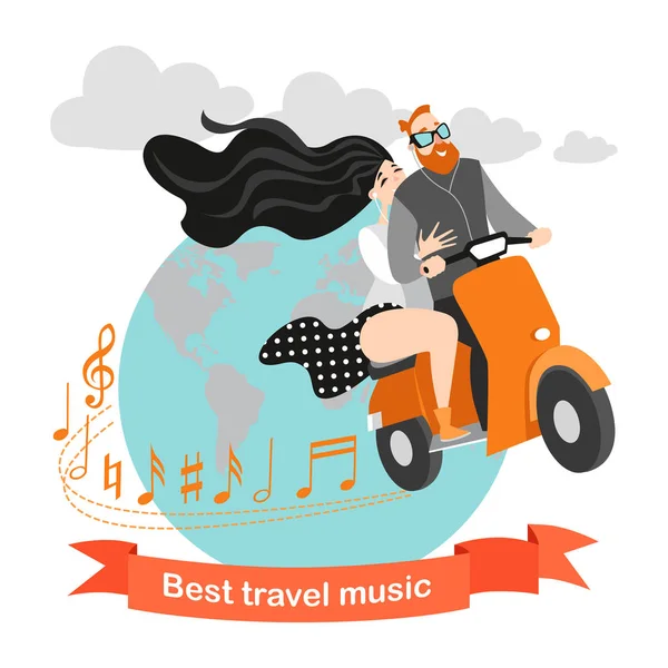 Casal Feliz Viajar Scooter Com Música Personagens Desenhos Animados Com —  Vetores de Stock