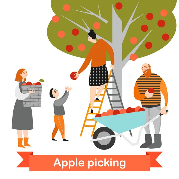 Familia Feliz Está Recogiendo Manzanas Jardín Tiempo Cosecha Los Niños — Vector de stock