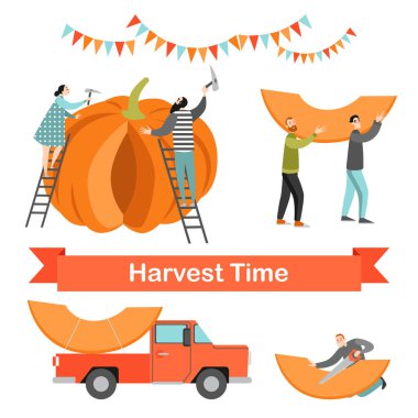 Hasat zamanı. Mutlu insanlar büyük Olgun balkabağına paylaşmak. Beyaz bir arka plan üzerinde vektör çizim