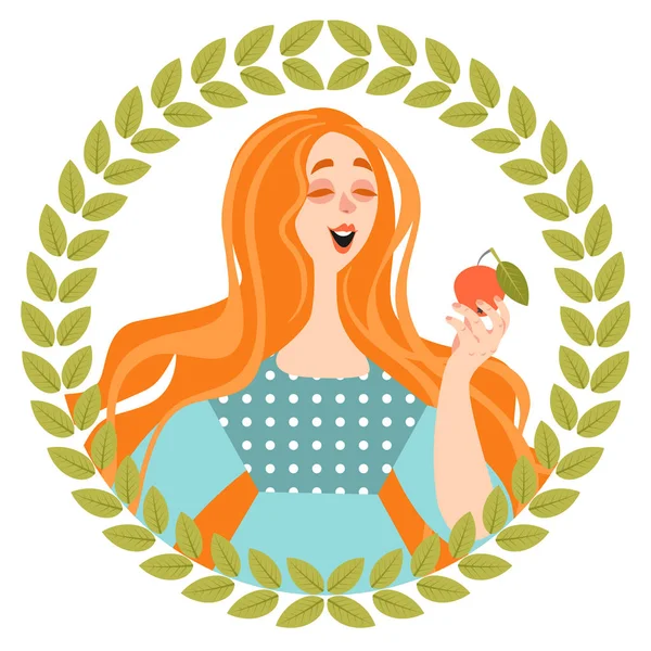 Chica Graciosa Está Comiendo Una Manzana Madura Ilustración Vectorial Estilo — Vector de stock