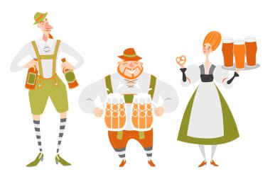 Oktoberfest Bavyera kostümleri komik karikatür karakter kümesi. Beyaz bir arka plan üzerinde bira grubu. 