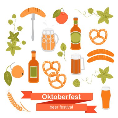 Oktoberfest sembolleri beyaz bir arka plan üzerinde kümesi.