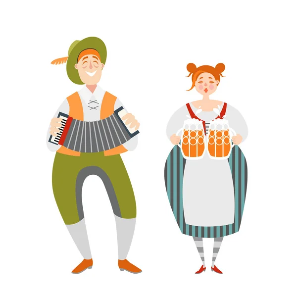 Oktoberfest Couple Funny Cartoon Characters Bavarian Costumes Man Accordion Girl — Stock Vector