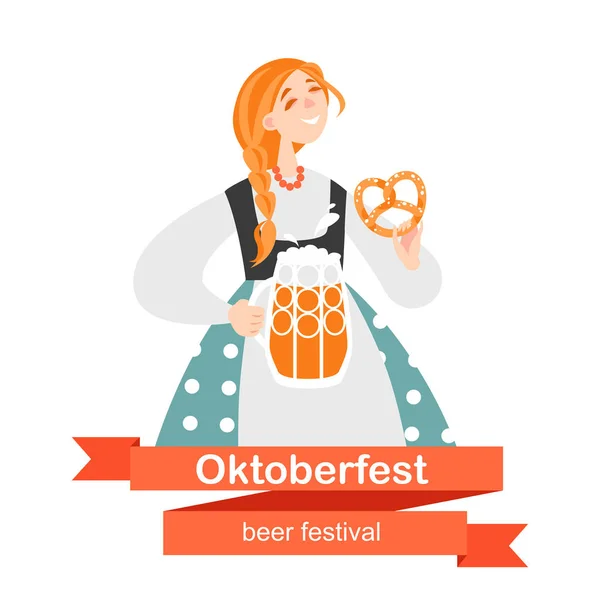 Oktoberfest Banner Vtipné Kreslené Postavičky Dívka Džbánkem Piva Preclík Bílém — Stockový vektor