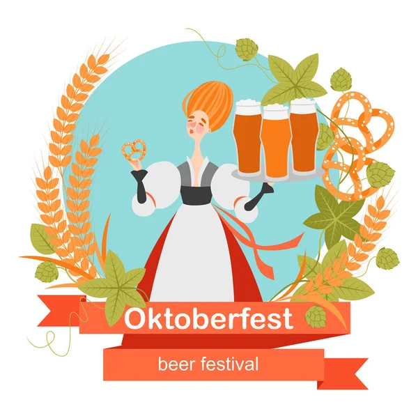 Banner Oktoberfest Com Personagem Desenho Animado Engraçado Uma Grinalda Cevada —  Vetores de Stock