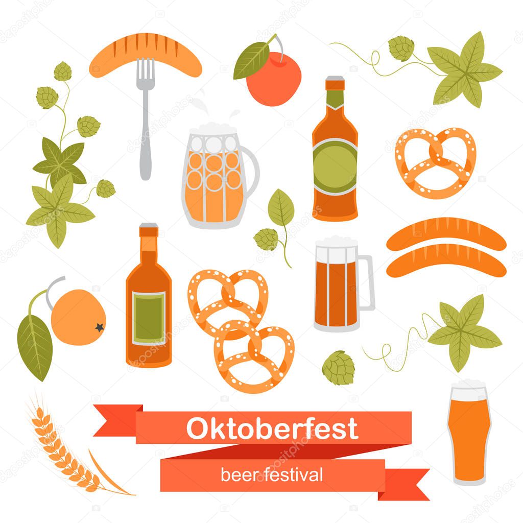 Set of Oktoberfest symbols on a white background.