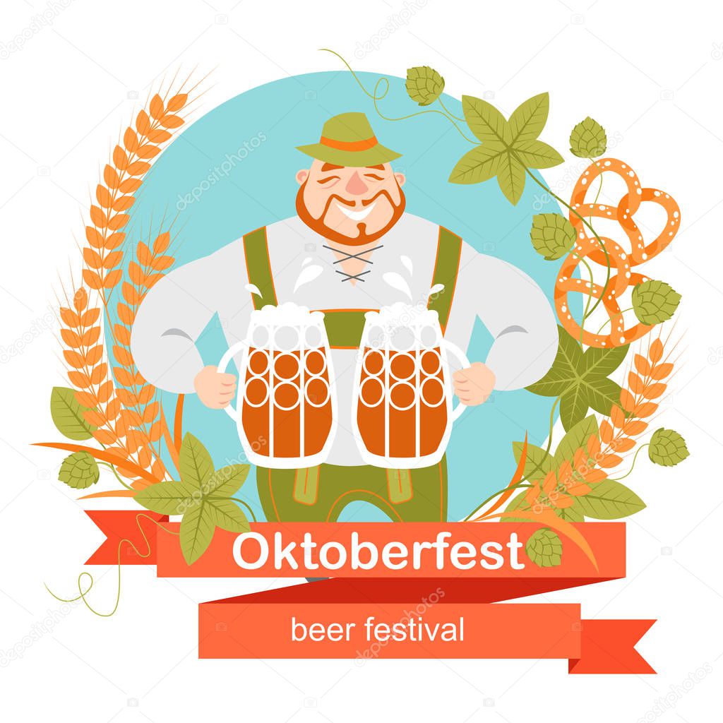 Oktoberfest banner with funny cartoon character in a wreath of barley and hops. A man in Bavarian costume with a mugs of beer