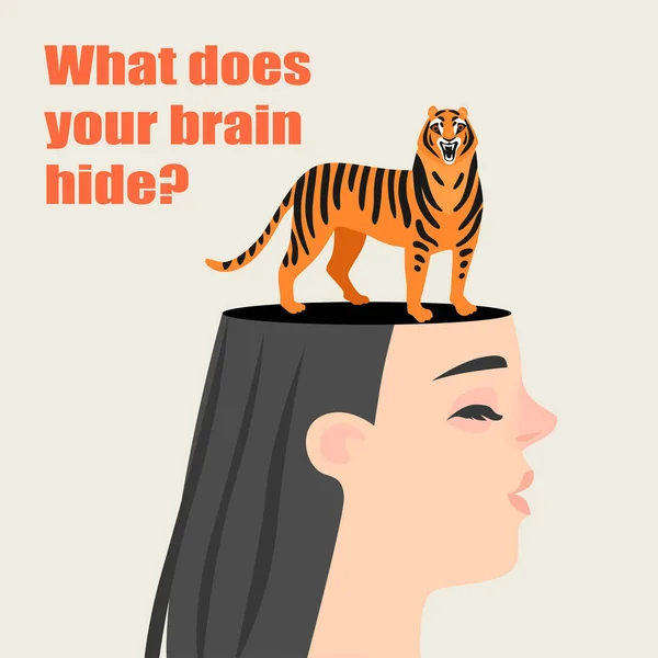 Obraz Koncepcyjny Dziewczyny Tygrysa Ukrywa Się Jej Głowie Tajemnice Ludzkiego — Wektor stockowy