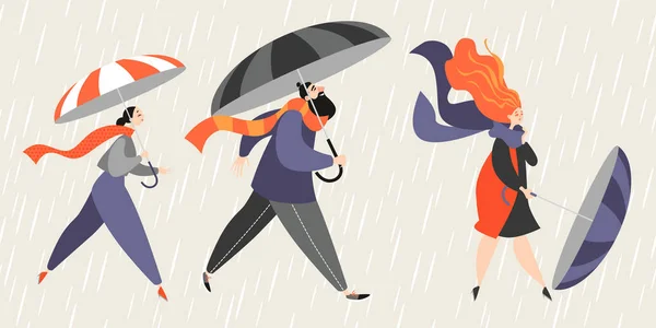 Nsanlar Şemsiye Ile Yağmurda Yürüyor Vektör Çizim Karikatür Tarzı — Stok Vektör