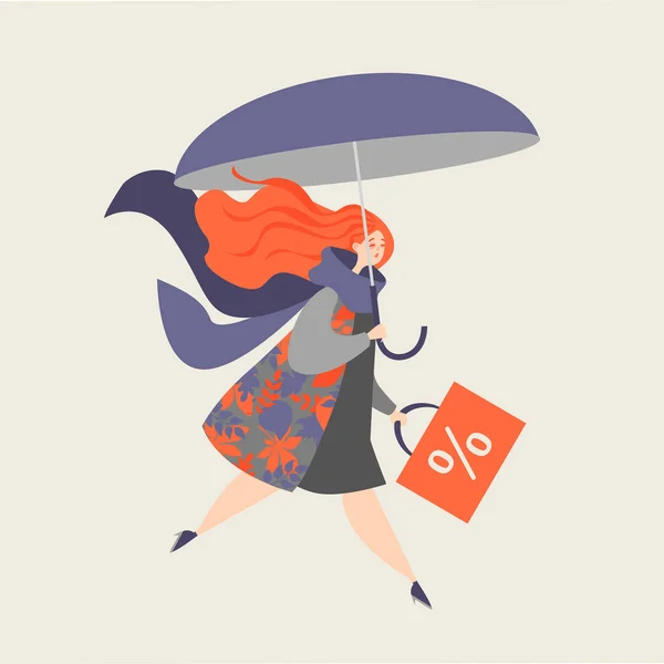 Illusztráció Egy Vörös Hajú Lány Egy Esernyőt Őszi Eladó — Stock Vector