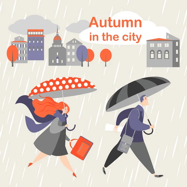 A man and a woman with umbrellas are hurrying to work. Autumn city landscape