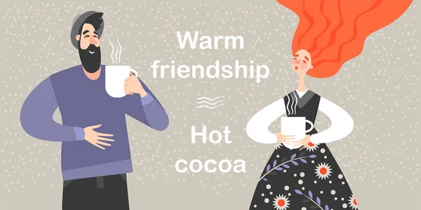 Amici Felici Bevono Cioccolata Calda Grandi Tazze Bianche Una Fredda — Vettoriale Stock
