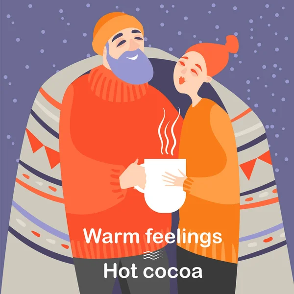 Mignon Couple Boit Cacao Chaud Partir Grandes Tasses Blanches Par — Image vectorielle