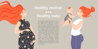 Hamile bir kadın sağlığı hakkında bir makale için vektör çizim. Bir kadın bebeğin Doğum için bekliyor. Mutlu anne bebekle oynarken