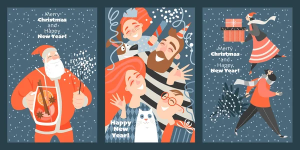 Набір Смішних Листівок Різдво Новий Рік Векторні Ілюстрації Мультяшному Стилі — стоковий вектор