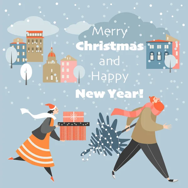 Cartão Natal Com Pessoas Apressando Com Presentes Uma Noite Fria —  Vetores de Stock