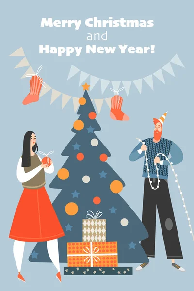 Tarjeta Navidad Estilo Dibujos Animados Personajes Divertidos Decoran Árbol Navidad — Vector de stock