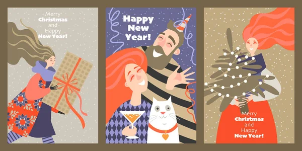 Set Biglietti Natale Capodanno Con Personaggi Divertenti Stile Cartone Animato — Vettoriale Stock