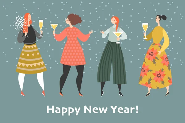 Tarjeta Felicitación Año Nuevo Chicas Una Fiesta Amigos Felices Celebran — Archivo Imágenes Vectoriales