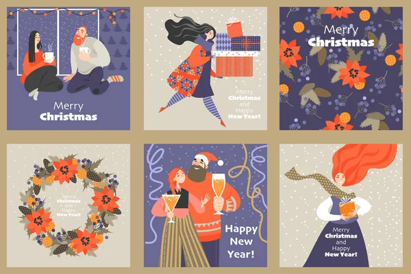 Conjunto Cartões Bonitos Para Natal Ano Novo Com Personagens Engraçados —  Vetores de Stock