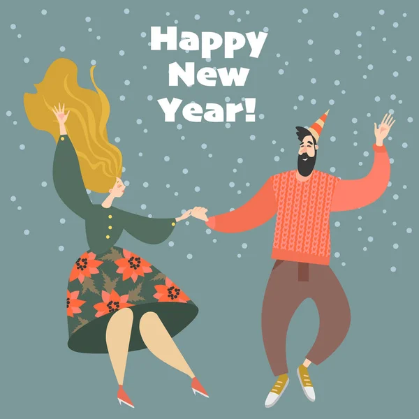 Tarjeta Felicitación Año Nuevo Pareja Una Fiesta Bailando Lindy Hop — Vector de stock