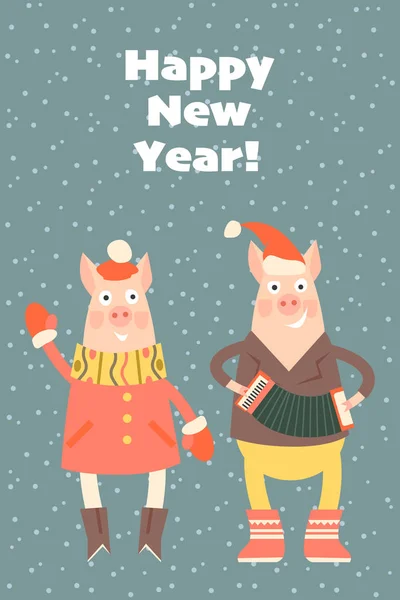 Tarjeta Felicitación Año Nuevo Vectorial Con Par Cerdos Divertidos Estilo — Vector de stock
