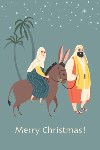 Vánoční Přání Retro Stylu Svatou Rodinou Jít Betléma Vektorové Ilustrace — Stockový vektor