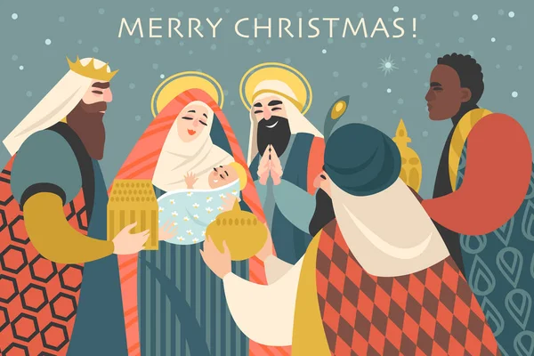 Cartão Natal Estilo Retrô Com Três Reis Trazendo Presentes Jesus —  Vetores de Stock