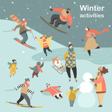 Kayak, insanlarla ayarla kış aktiviteleri pateni, snowboard ve kardan adam yapma ve kartopu oynayan çocuklar. Vektör çizim karikatür tarzı.