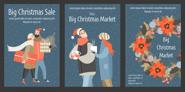 Ensemble Flyers Vectoriels Marché Noël Illustrations Personnages Dessins Animés Drôles — Image vectorielle